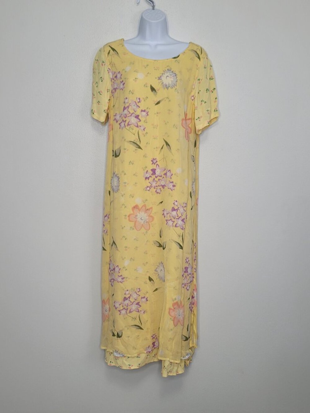 Vintage Phool yellow pink pastel modest short sleeve relaxed fit maxi dress M